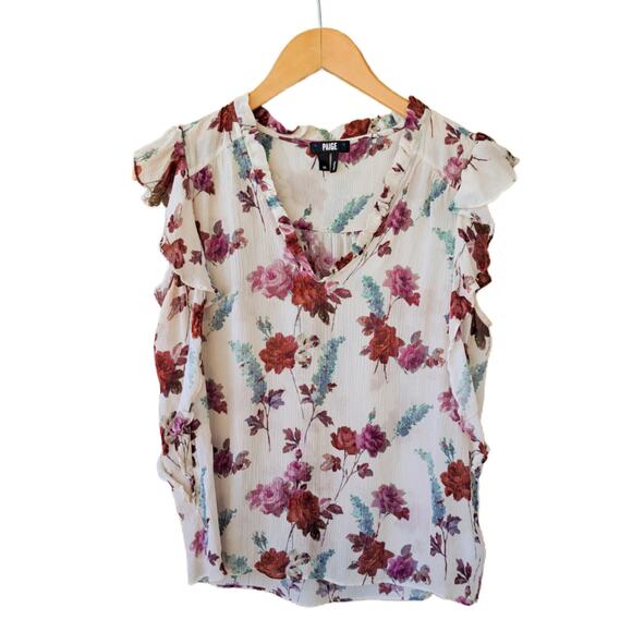 PAIGE Genie Floral Silk Chiffon Ruffle top Size Medium Nude Cream Multi V-neck - Picture 8 of 10